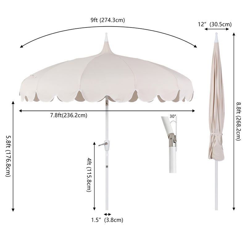 Maren 8 ft. Classic Coastal Scalloped Lotus Pagoda Market Patio Umbrella with Auto-Tilt Crank Wind Vent and UV Protection