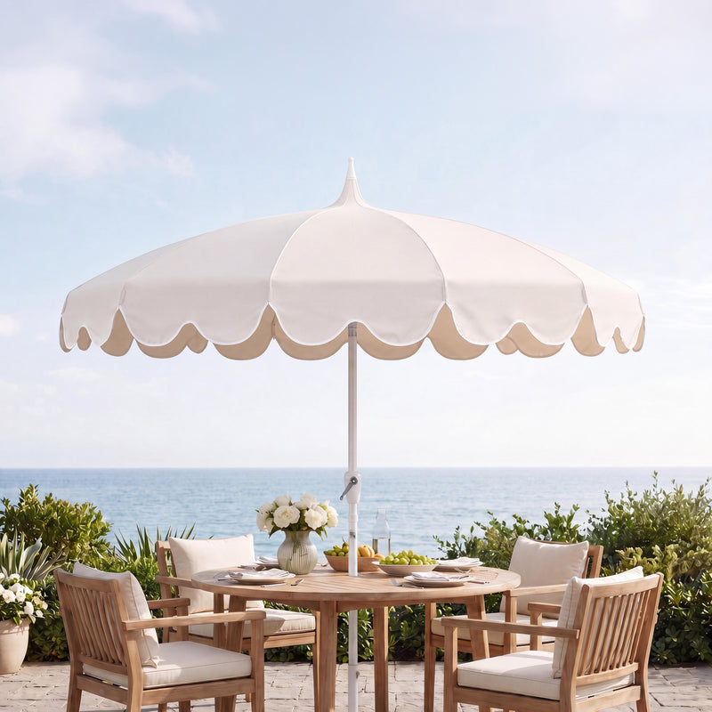 Maren 8 ft. Classic Coastal Scalloped Lotus Pagoda Market Patio Umbrella with Auto-Tilt Crank Wind Vent and UV Protection