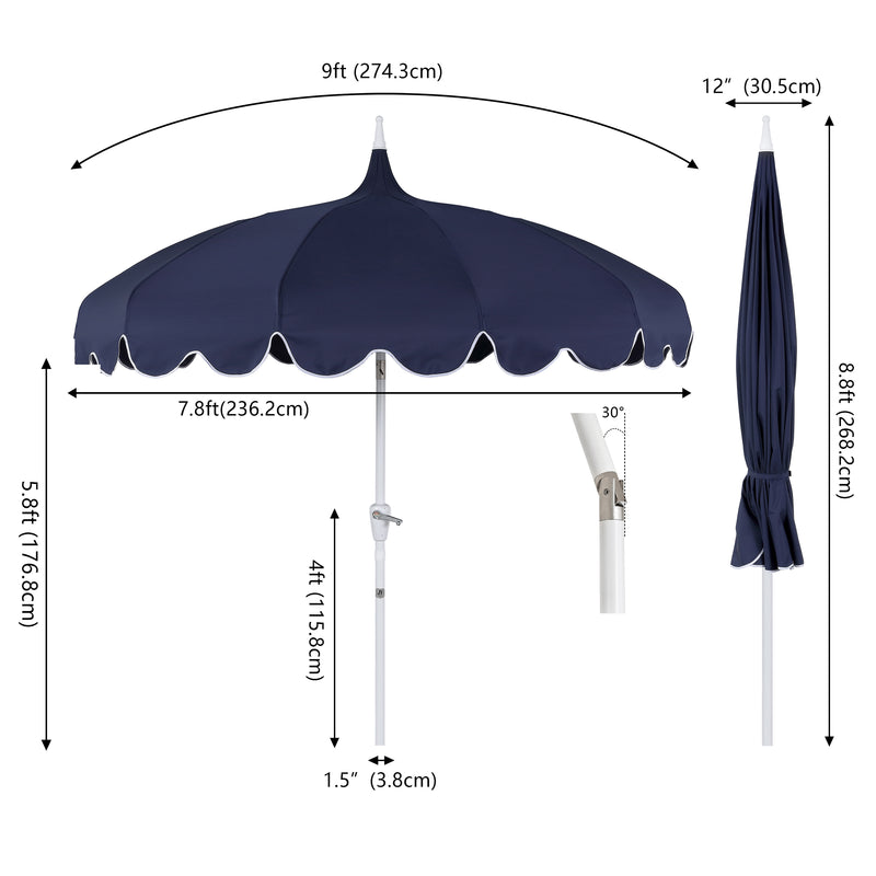 Maren 8 ft. Classic Coastal Scalloped Lotus Pagoda Market Patio Umbrella with Auto-Tilt Crank Wind Vent and UV Protection