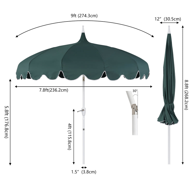 Maren 8 ft. Classic Coastal Scalloped Lotus Pagoda Market Patio Umbrella with Auto-Tilt Crank Wind Vent and UV Protection
