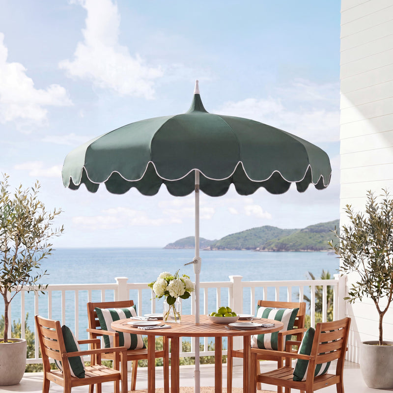 Maren 8 ft. Classic Coastal Scalloped Lotus Pagoda Market Patio Umbrella with Auto-Tilt Crank Wind Vent and UV Protection