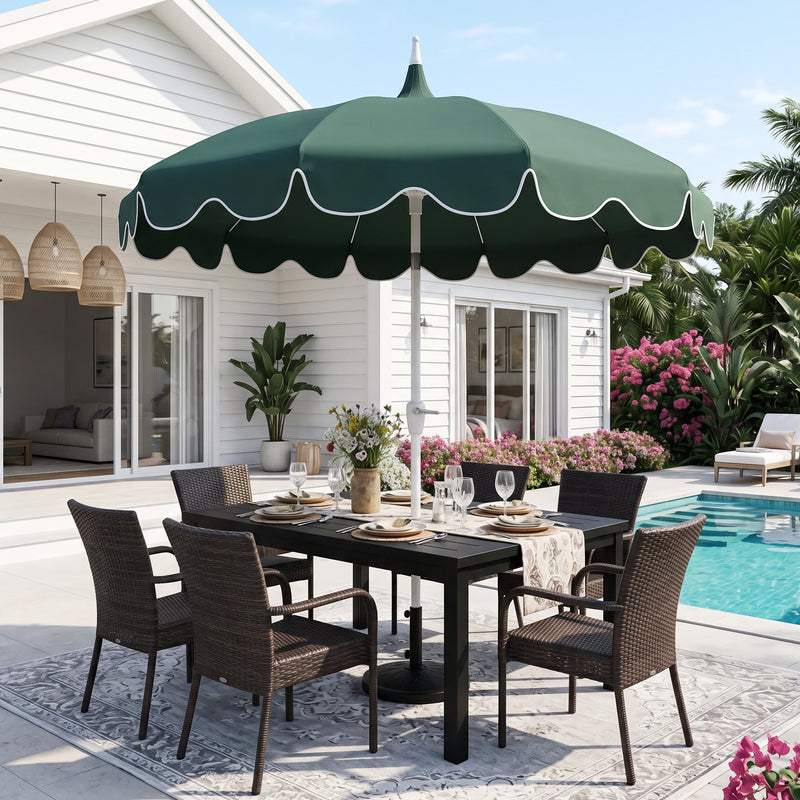 Maren 8 ft. Classic Coastal Scalloped Lotus Pagoda Market Patio Umbrella with Auto-Tilt Crank Wind Vent and UV Protection