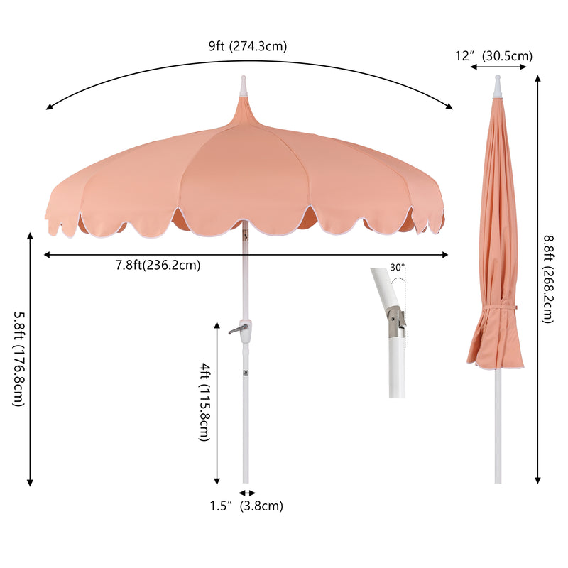 Maren 8 ft. Classic Coastal Scalloped Lotus Pagoda Market Patio Umbrella with Auto-Tilt Crank Wind Vent and UV Protection
