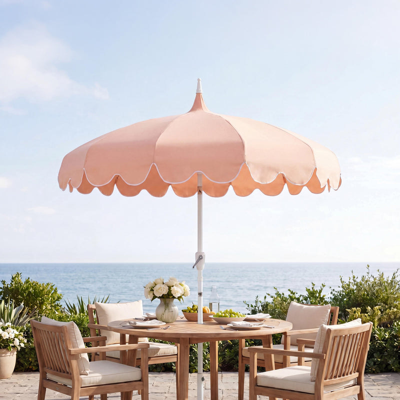 Maren 8 ft. Classic Coastal Scalloped Lotus Pagoda Market Patio Umbrella with Auto-Tilt Crank Wind Vent and UV Protection