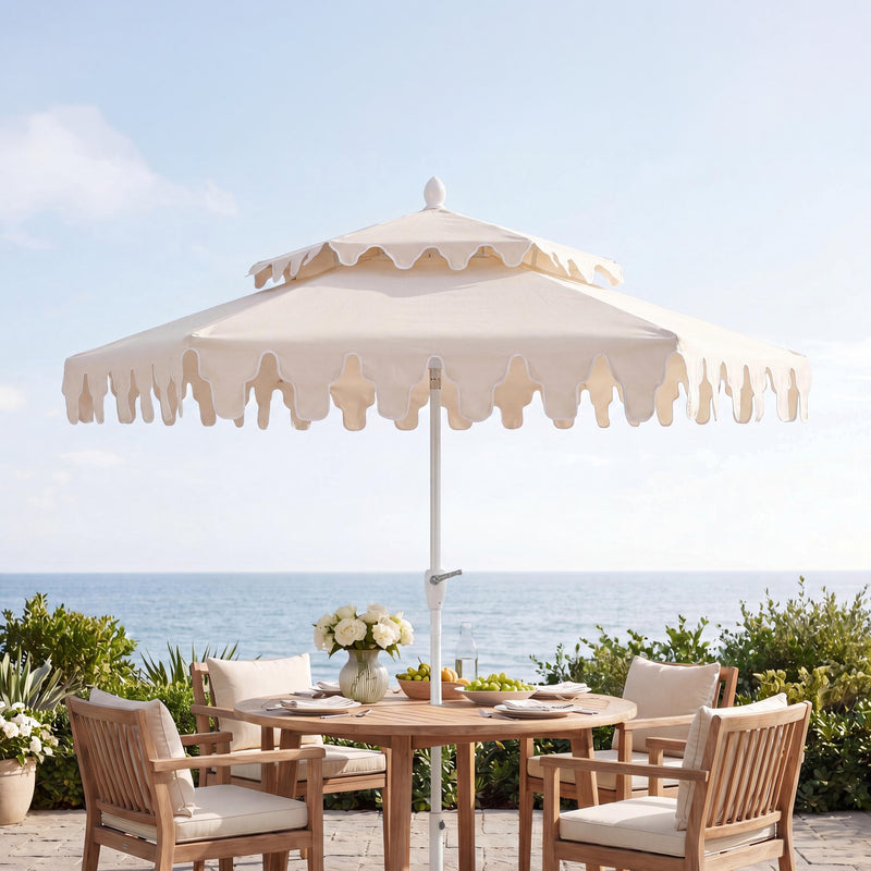 Fletcher 8.5 ft. Coastal Double-Tiered Castle Market Patio Umbrella with Auto-Tilt Crank Wind Vent and UV Protection