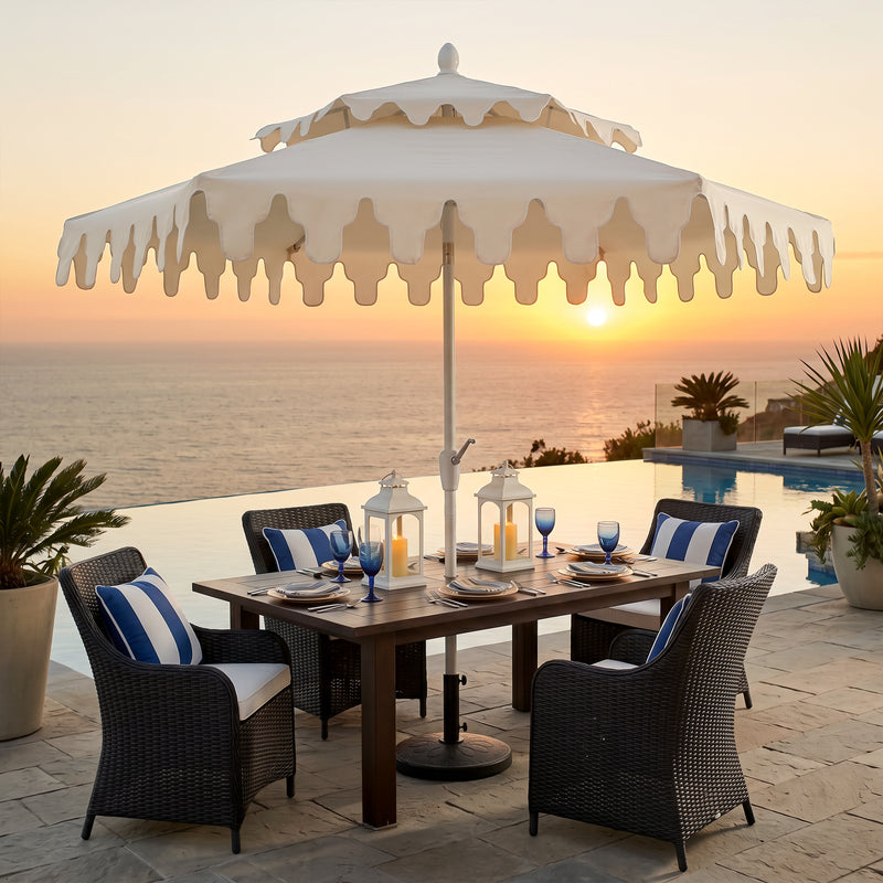 Fletcher 8.5 ft. Coastal Double-Tiered Castle Market Patio Umbrella with Auto-Tilt Crank Wind Vent and UV Protection