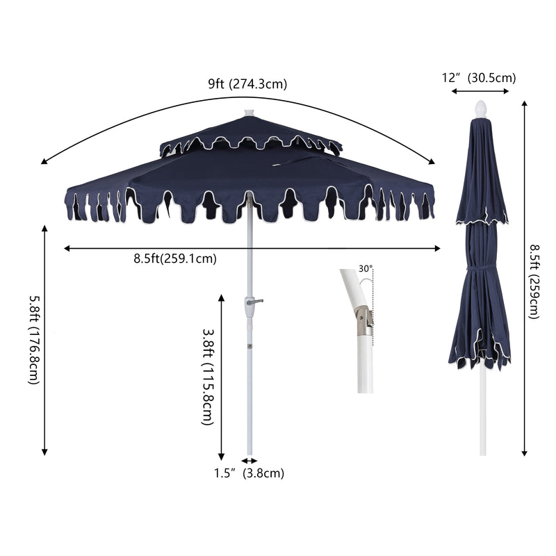 Fletcher 8.5 ft. Coastal Double-Tiered Castle Market Patio Umbrella with Auto-Tilt Crank Wind Vent and UV Protection
