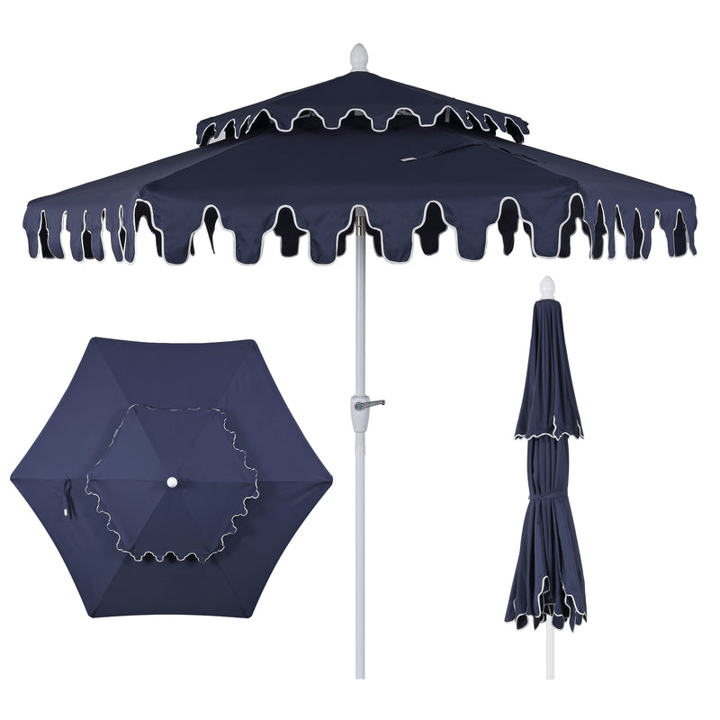 Fletcher 8.5 ft. Coastal Double-Tiered Castle Market Patio Umbrella with Auto-Tilt Crank Wind Vent and UV Protection