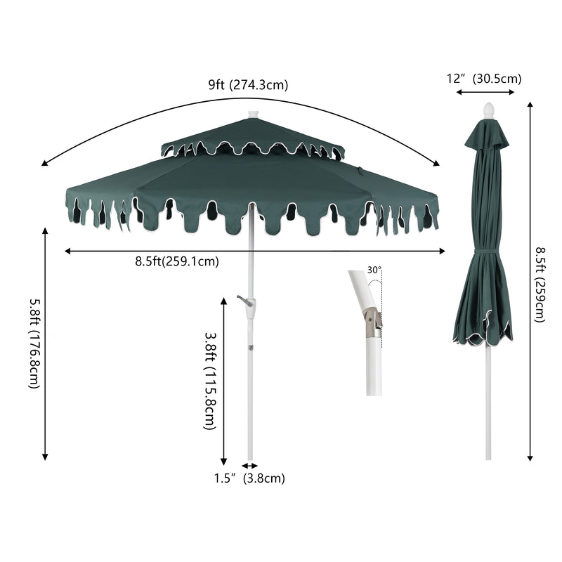 Fletcher 8.5 ft. Coastal Double-Tiered Castle Market Patio Umbrella with Auto-Tilt Crank Wind Vent and UV Protection