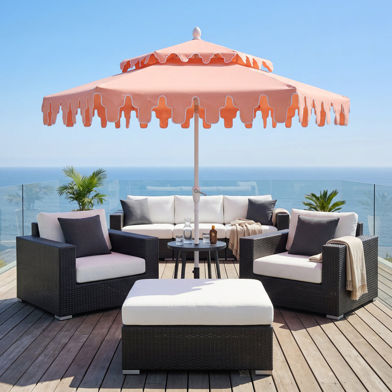 Fletcher 8.5 ft. Coastal Double-Tiered Castle Market Patio Umbrella with Auto-Tilt Crank Wind Vent and UV Protection