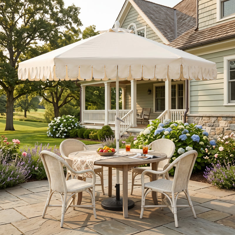 Dexter 8.5 ft. Classic Castle Scalloped Market Patio Umbrella with Auto-Tilt Crank Wind Vent and UV Protection