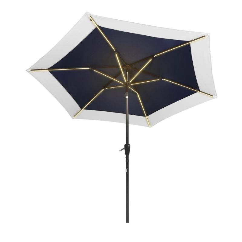 Spencer Coastal Hexagon Solar Powered LED Patio Umbrella with Crank and Tilt, Fade-Resistant Aluminum Outdoor Market Sunshade