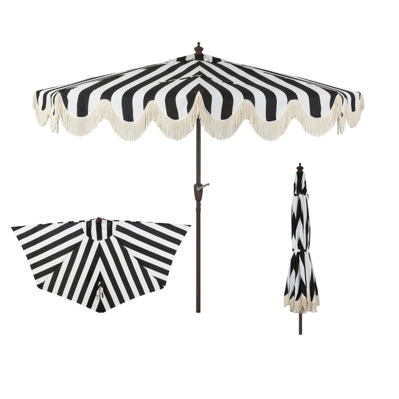 JONATHAN Y Designs Beverly 9 ft. Designer Classic Scalloped Fringe Half Market Patio Umbrella with Crank