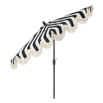 black and white patio umbrella with fringe JONATHAN Y Designs Beverly 9 ft. Designer Classic Scalloped Fringe Half Market Patio Umbrella with Crank