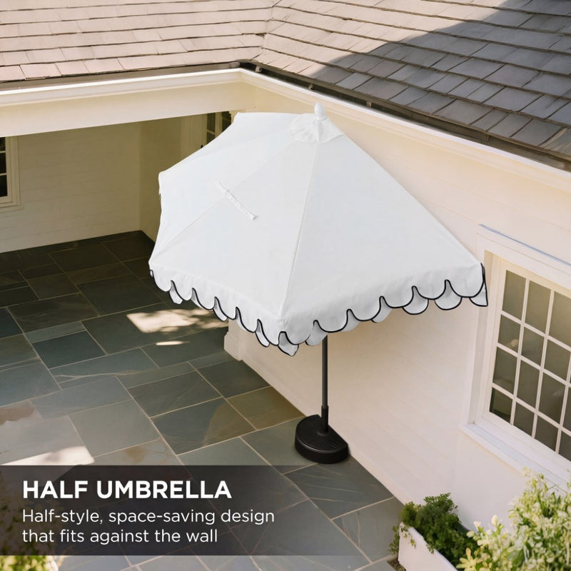Terrace Arc 9 ft. Classic MidCentury Scalloped Fringe Market Patio Half Umbrella with CrankTilt Button and UV Protection
