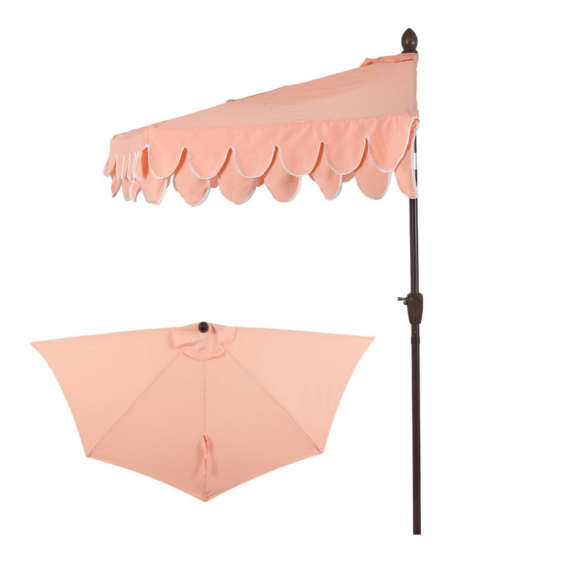 Terrace Arc 9 ft. Classic MidCentury Scalloped Fringe Market Patio Half Umbrella with CrankTilt Button and UV Protection