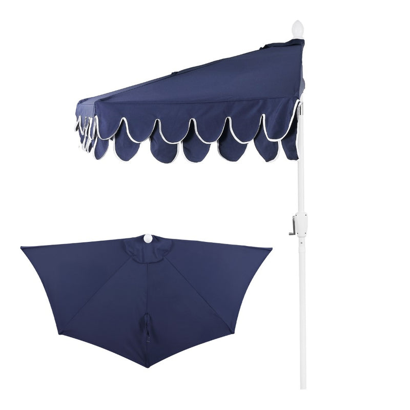 Terrace Arc 9 ft. Classic MidCentury Scalloped Fringe Market Patio Half Umbrella with CrankTilt Button and UV Protection