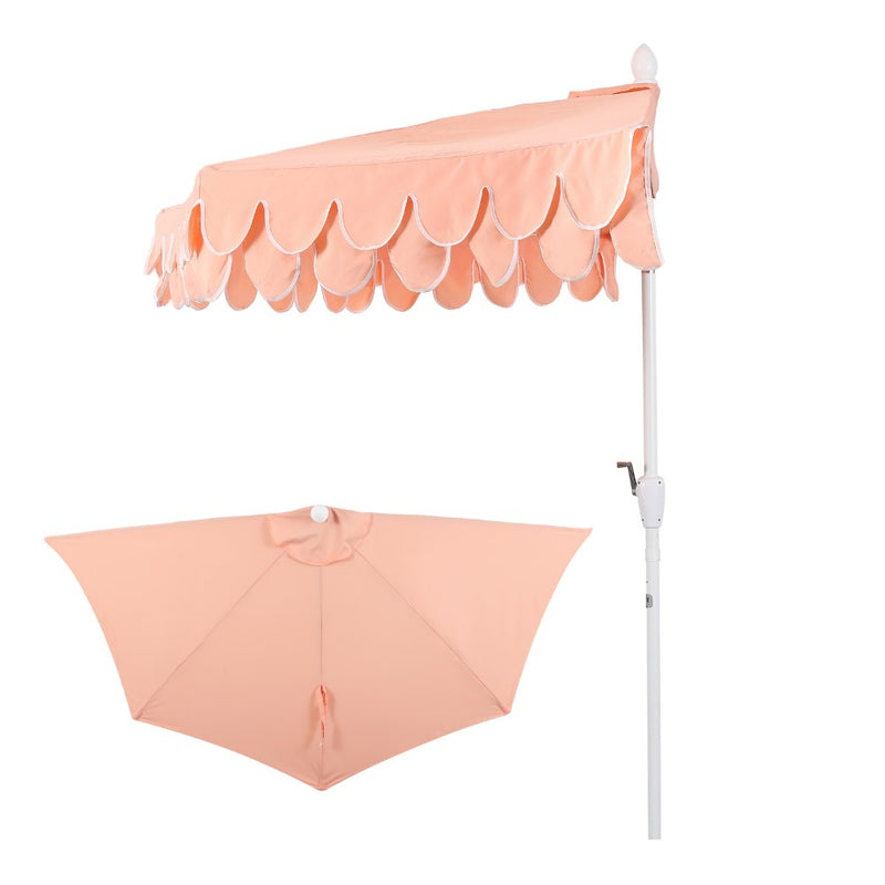 Terrace Arc 9 ft. Classic MidCentury Scalloped Fringe Market Patio Half Umbrella with CrankTilt Button and UV Protection