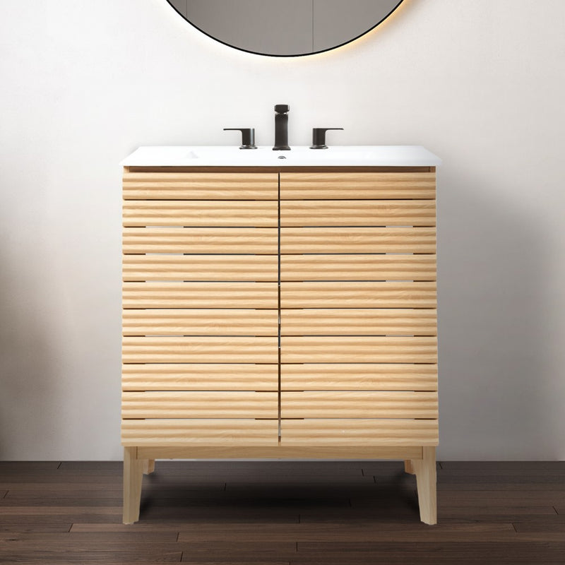 Calandre Thin Linear Slat Modern Farmhouse 2-Shelf Bath Vanity Cabinet Only (Sink Basin not Included)