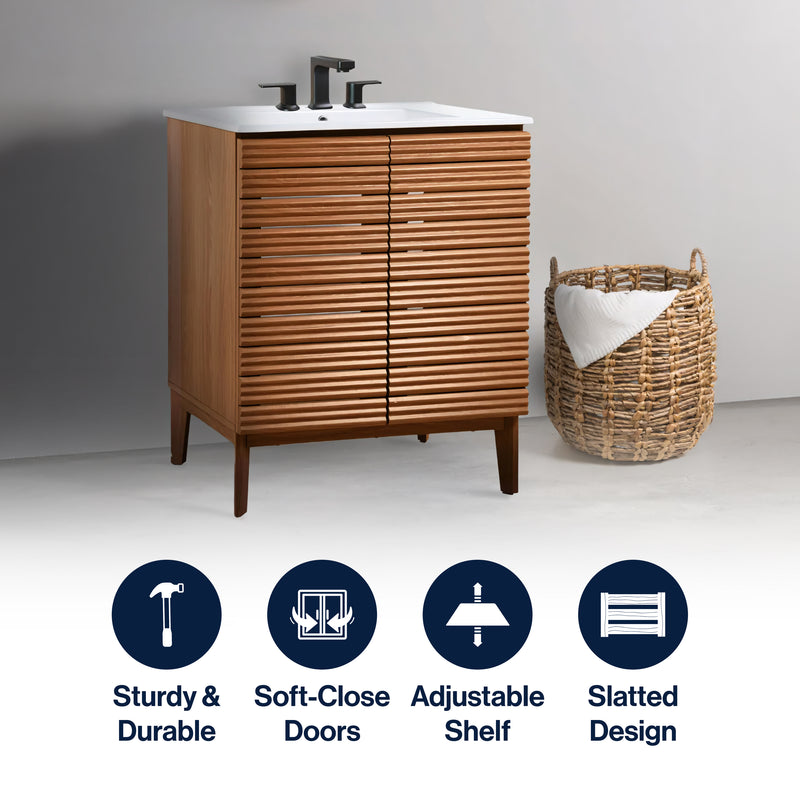 Calandre Thin Linear Slat Modern Farmhouse 2-Shelf Bath Vanity Cabinet Only (Sink Basin not Included)