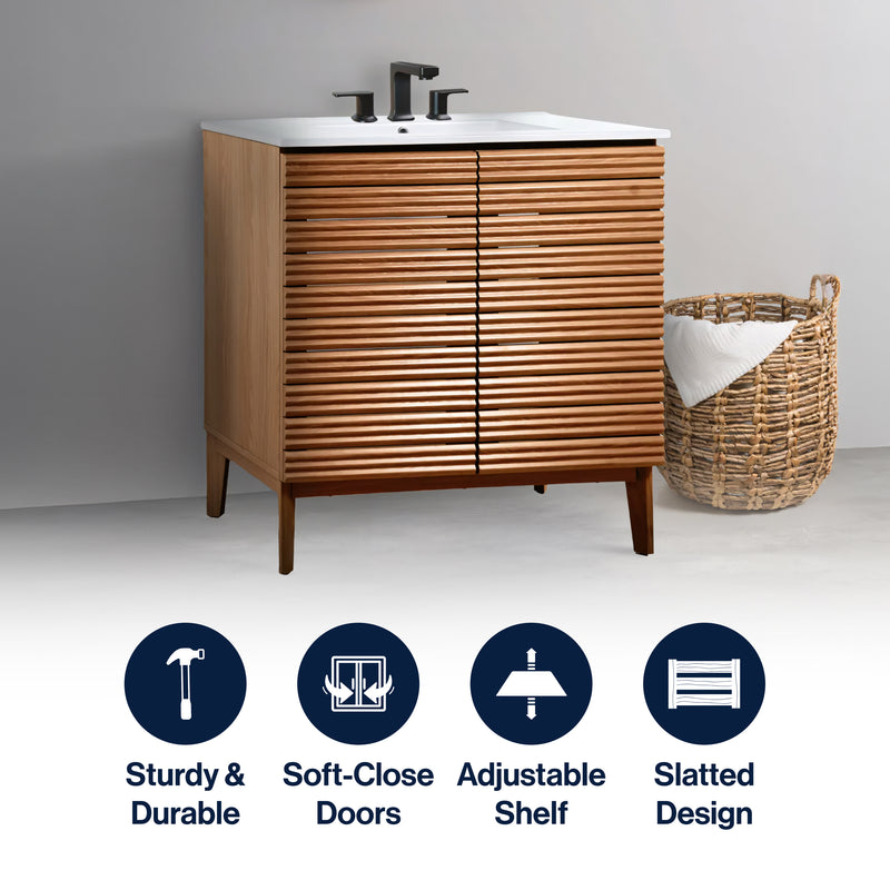Calandre Thin Linear Slat Modern Farmhouse 2-Shelf Bath Vanity Cabinet Only (Sink Basin not Included)