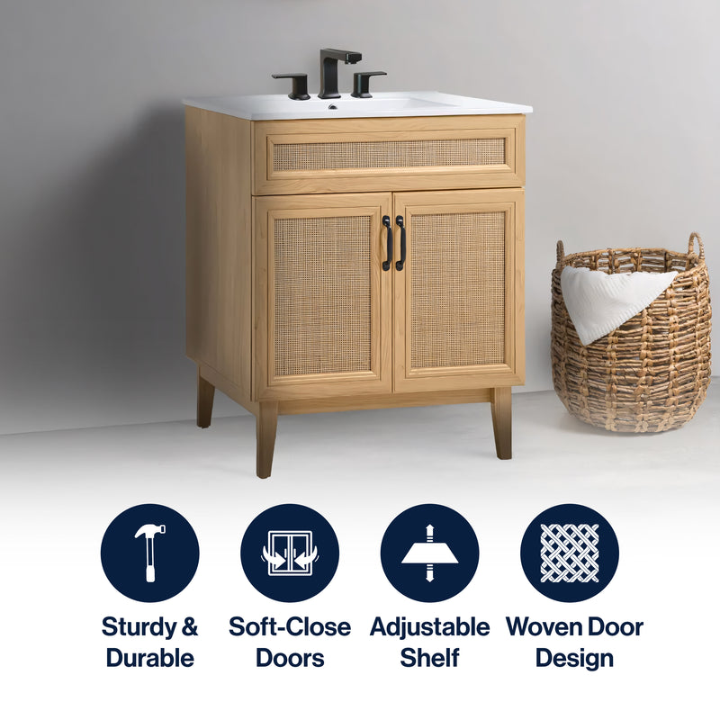 Javer Rattan Modern Farmhouse 2-Shelf Bath Vanity Cabinet Only (Sink Basin not Included)