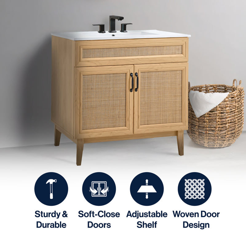 Javer Rattan Modern Farmhouse 2-Shelf Bath Vanity Cabinet Only (Sink Basin not Included)