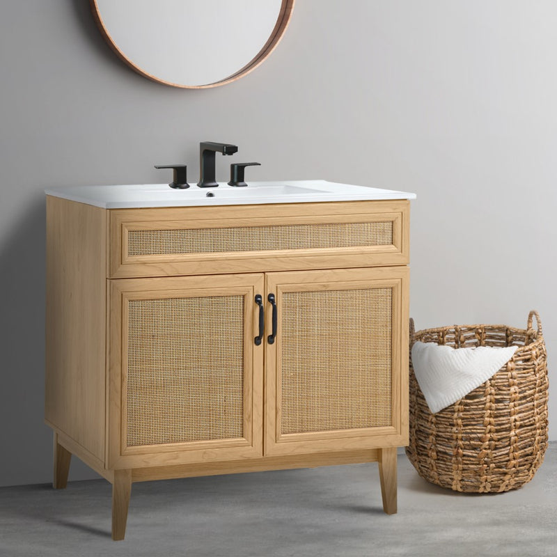 Javer Rattan Modern Farmhouse 2-Shelf Bath Vanity Cabinet Only (Sink Basin not Included)