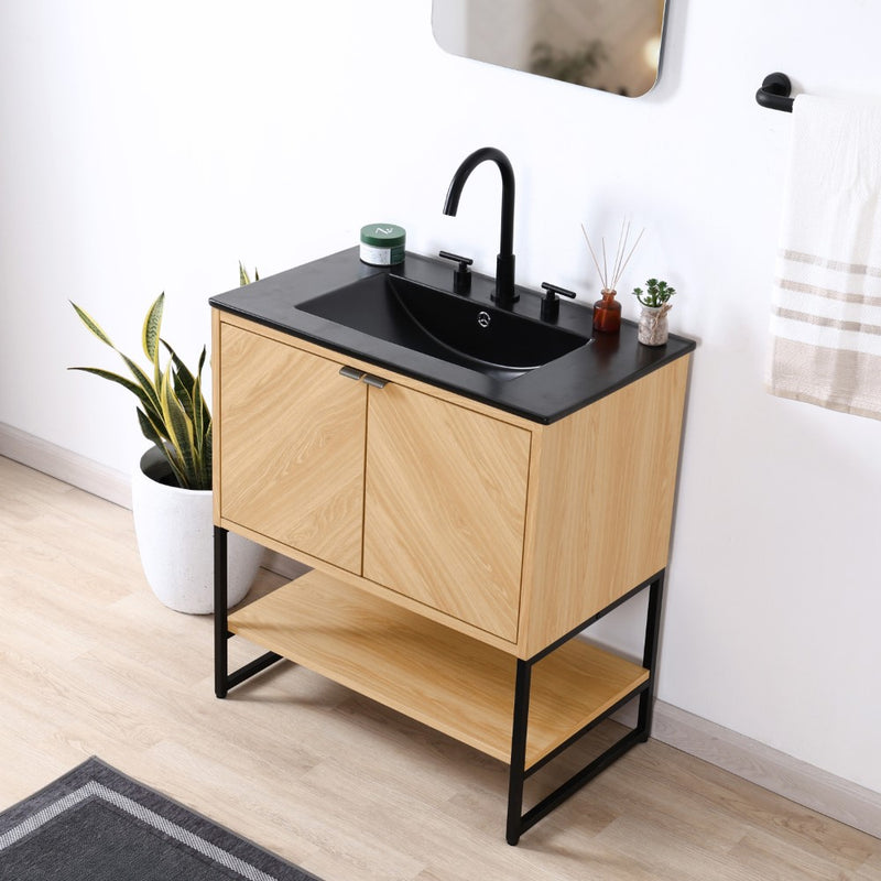 Juhl Chevron-Front Modern Minimalist 2-Shelf Bath Vanity Cabinet Only (Sink Basin Not Included)