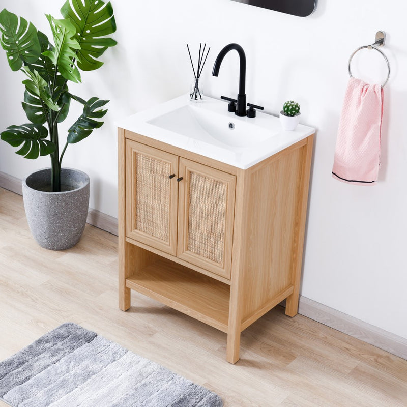 Jasper Rattan Modern Coastal 2-Shelf Bath Vanity Cabinet Only (Sink Basin Not Included) - JONATHAN Y