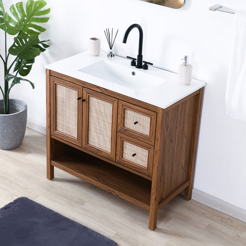 Jasper Rattan Modern Coastal 2-Shelf Bath Vanity Cabinet Only (Sink Basin Not Included)