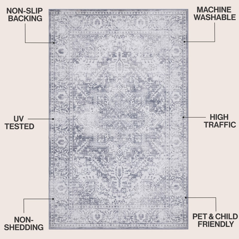 Eleanor Vintage Medallion Border Machine-washable Area Rug
