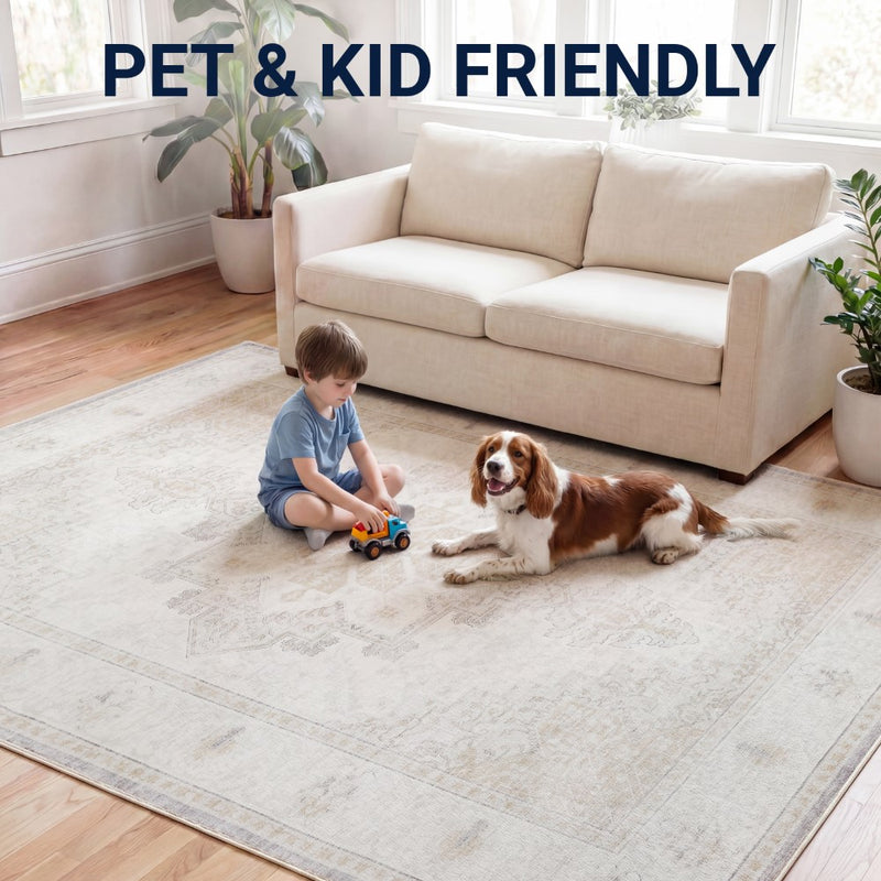 Eleanor Vintage Medallion Border Machine-washable Area Rug