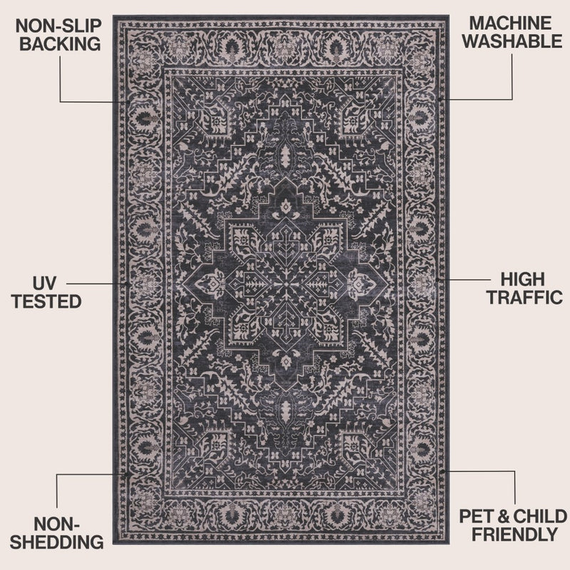 Eleanor Vintage Medallion Border Machine-washable Area Rug