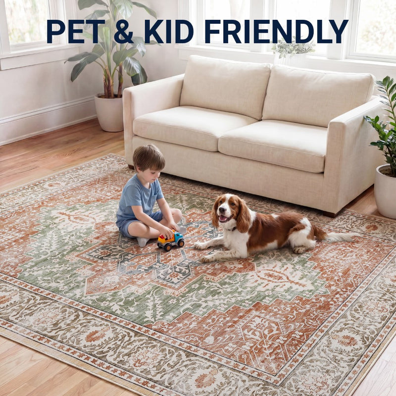 Eleanor Vintage Medallion Border Machine-washable Area Rug