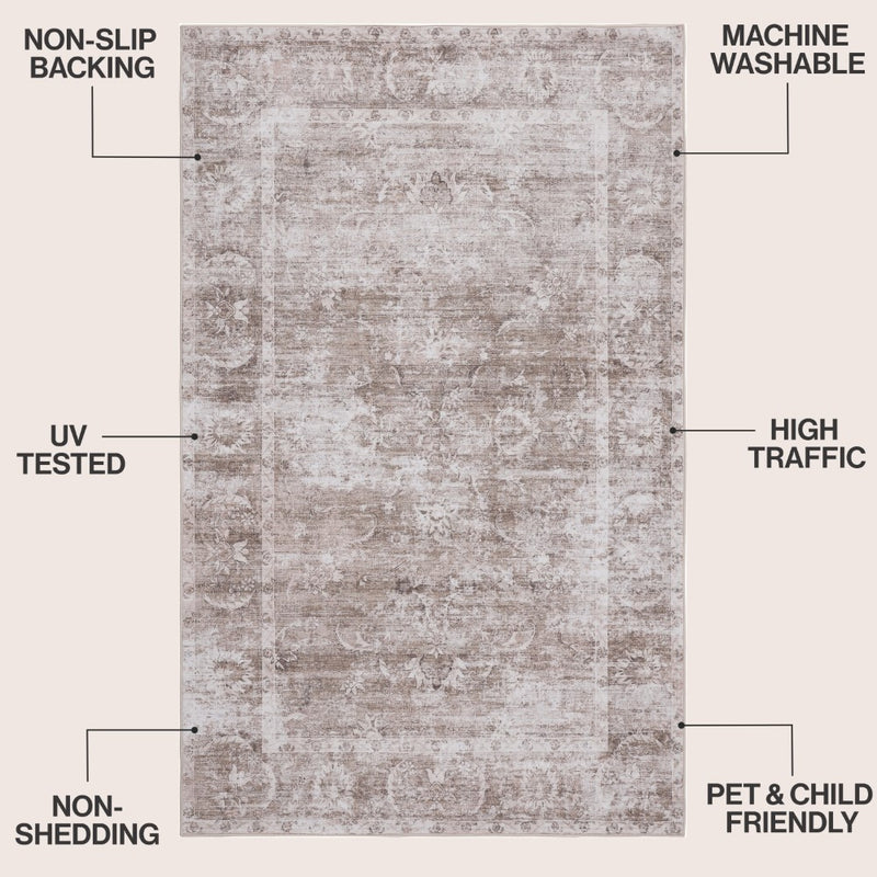Arabella Vintage Floral Border Machine-washable Area Rug