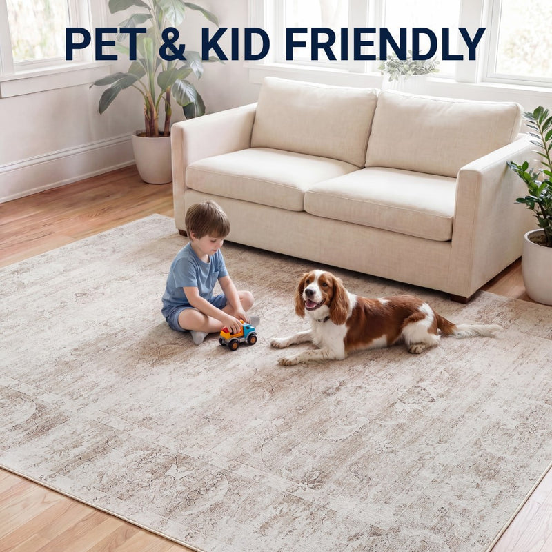 Arabella Vintage Floral Border Machine-washable Area Rug