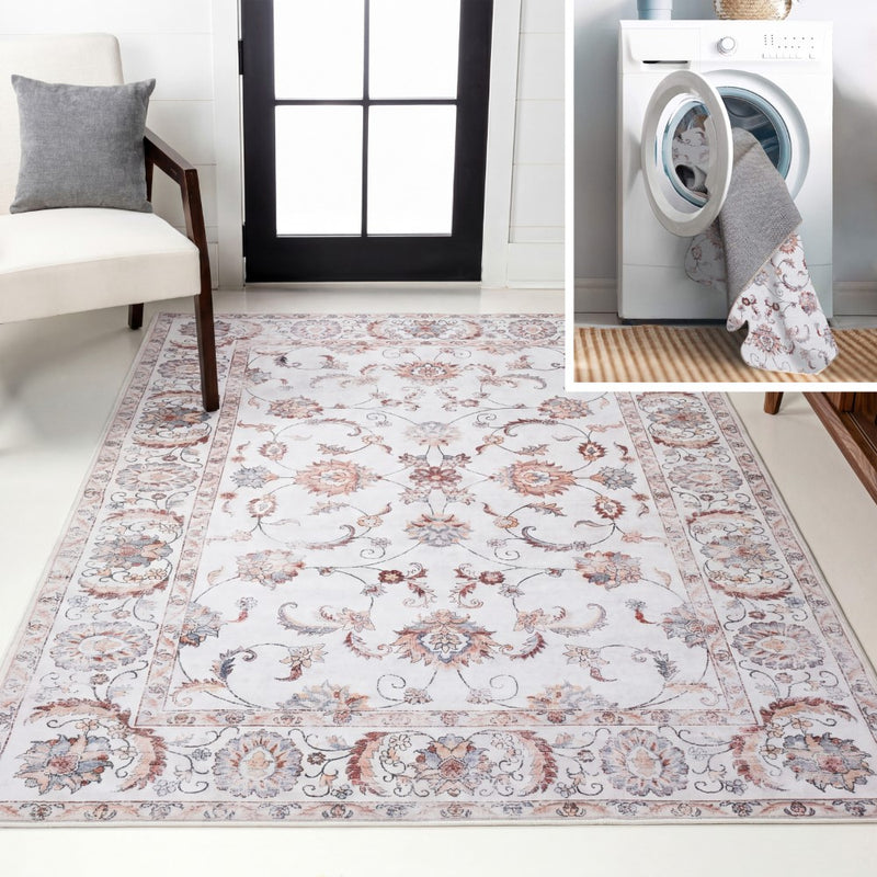 Arabella Vintage Floral Border Machine-washable Area Rug