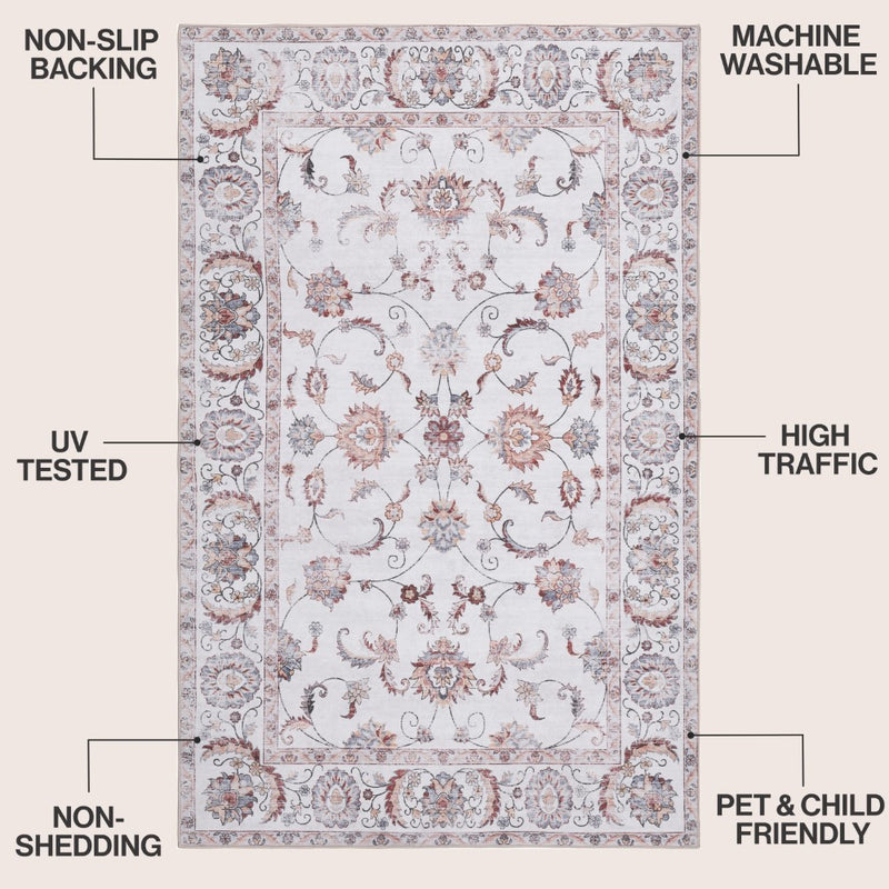 Arabella Vintage Floral Border Machine-washable Area Rug