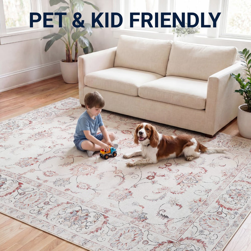Arabella Vintage Floral Border Machine-washable Area Rug