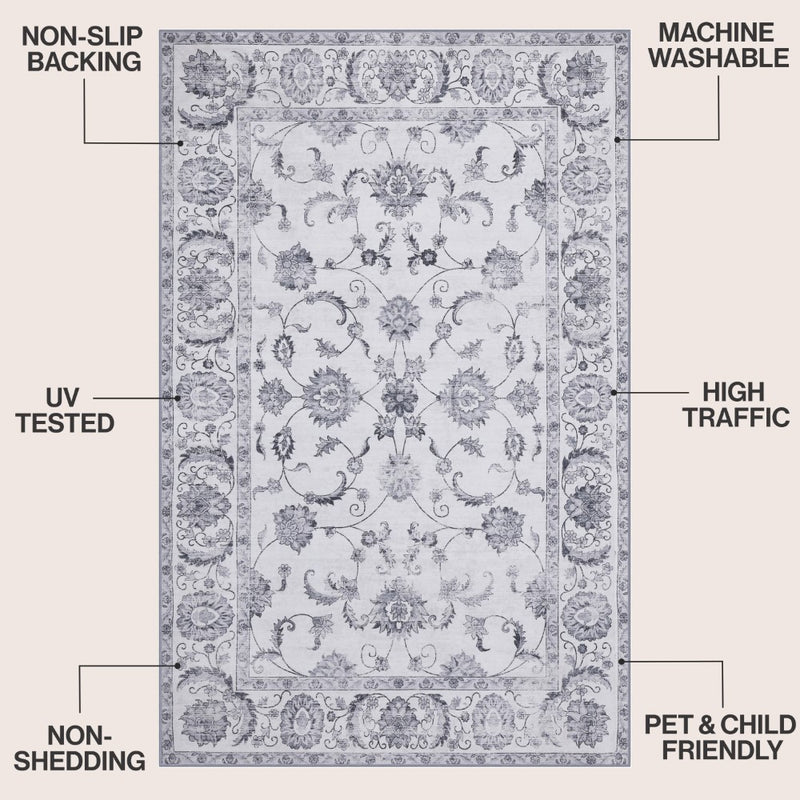 Arabella Vintage Floral Border Machine-washable Area Rug