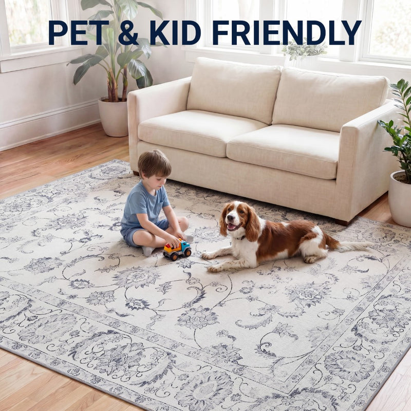 Arabella Vintage Floral Border Machine-washable Area Rug