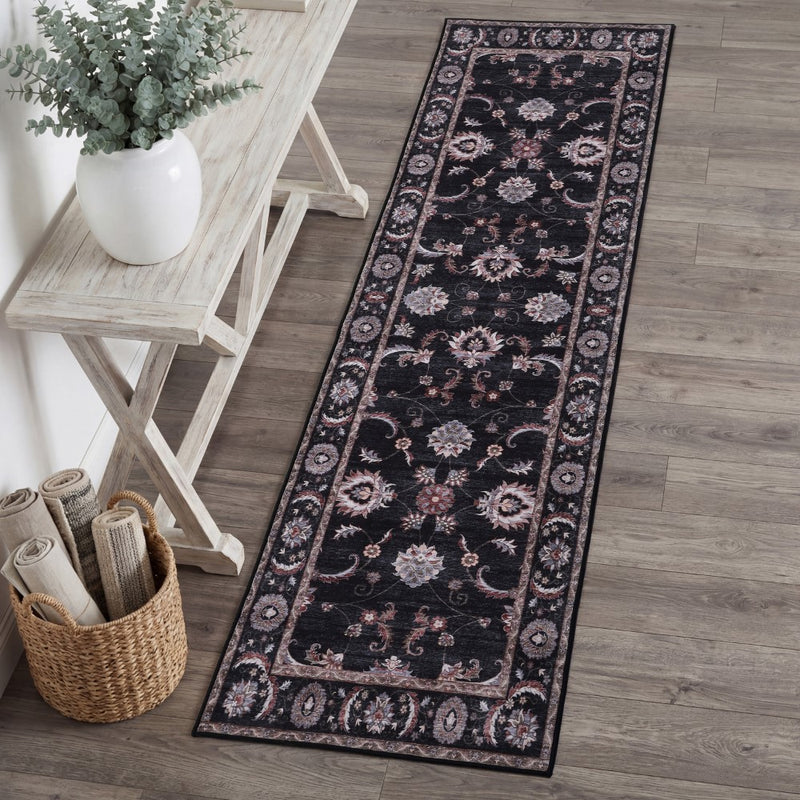 Arabella Vintage Floral Border Machine-washable Area Rug