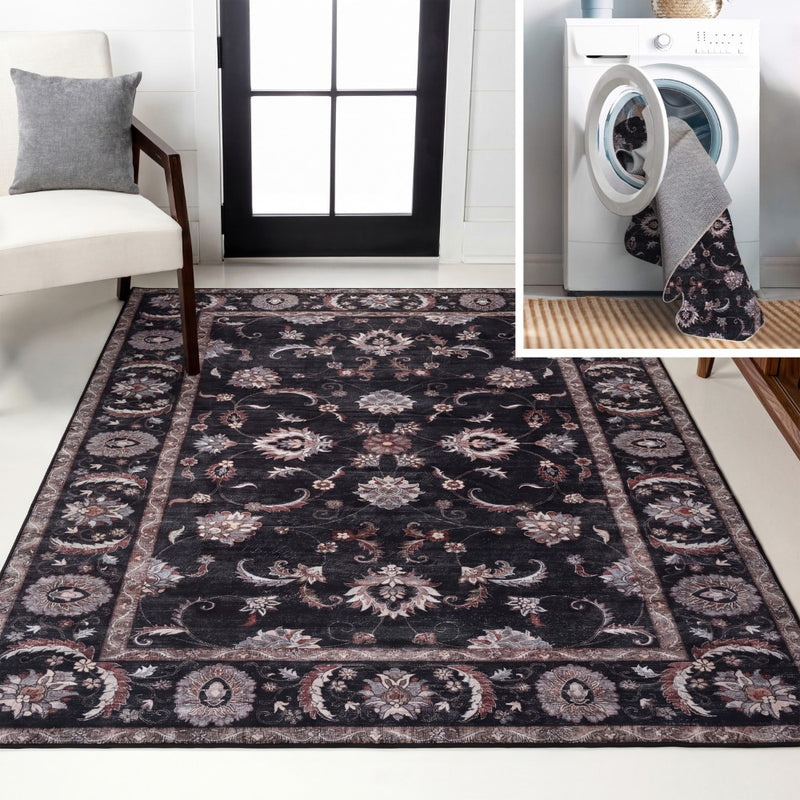 Arabella Vintage Floral Border Machine-washable Area Rug