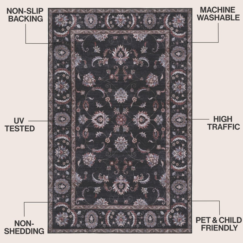 Arabella Vintage Floral Border Machine-washable Area Rug