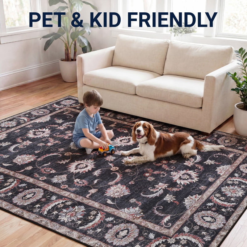 Arabella Vintage Floral Border Machine-washable Area Rug