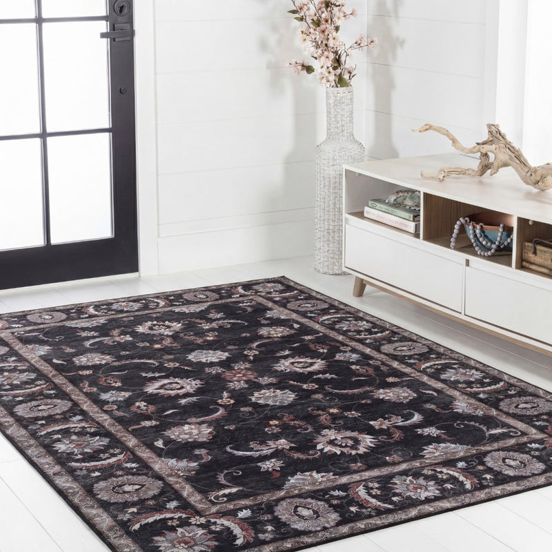 Arabella Vintage Floral Border Machine-washable Area Rug