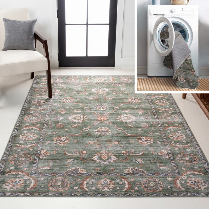 Arabella Vintage Floral Border Machine-washable Area Rug