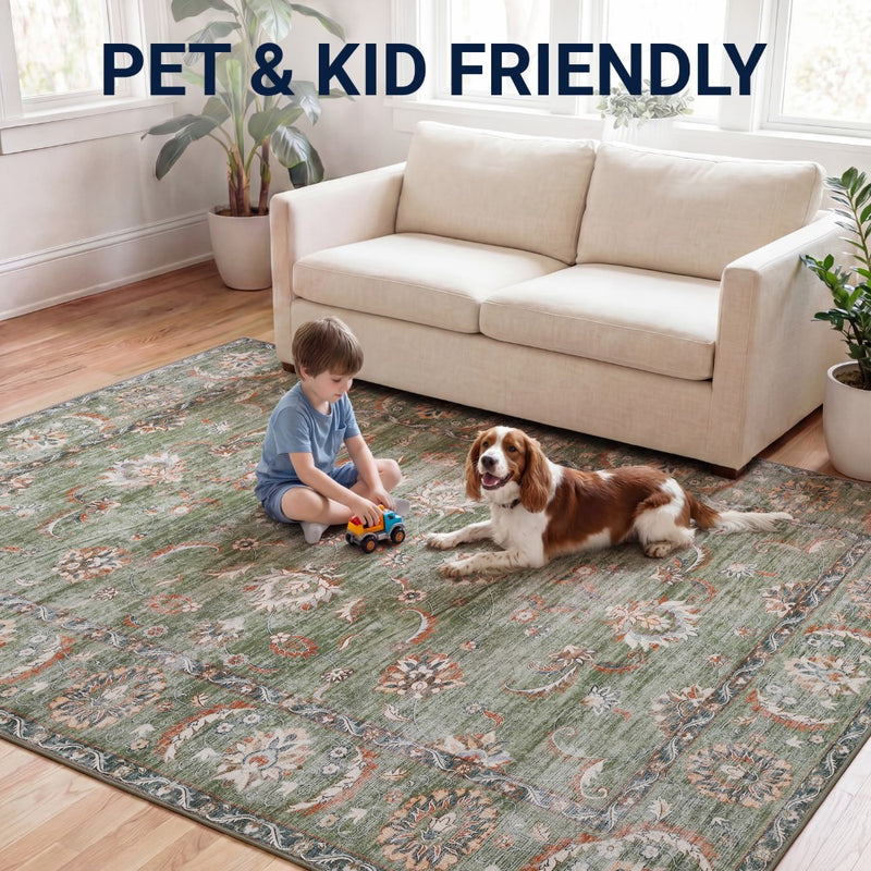 Arabella Vintage Floral Border Machine-washable Area Rug