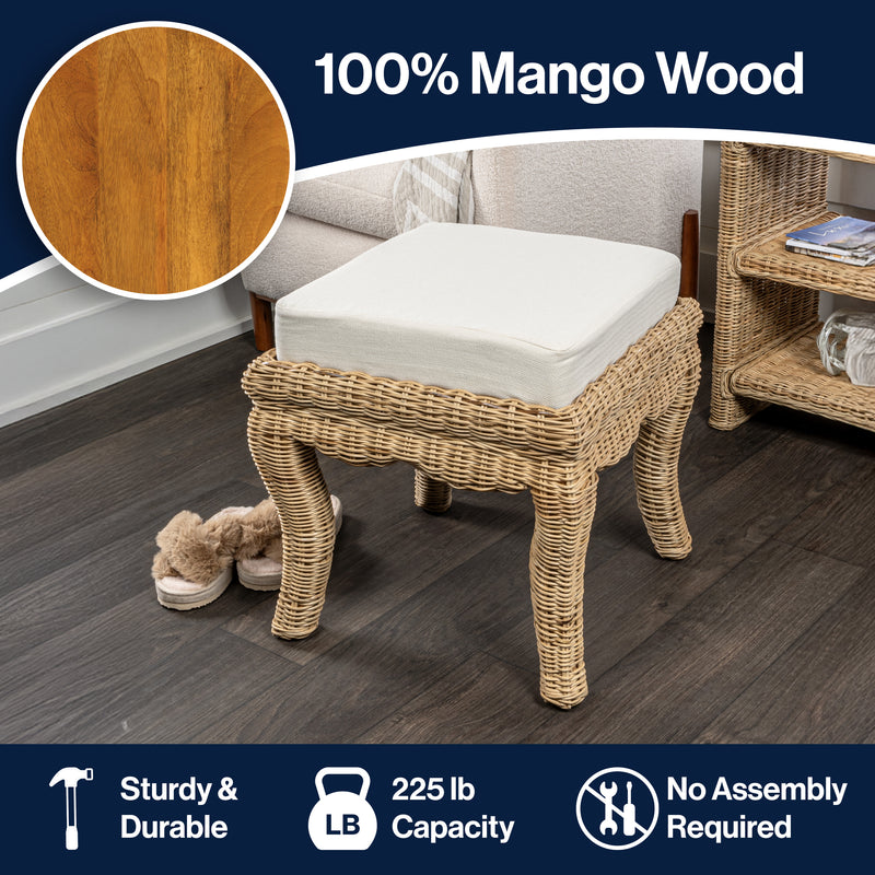 Rowan 19.7" Bohemian Designer Woven Rattan/Wood Vanity Stool